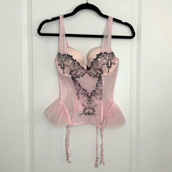 Victoria's Secret Other - Victorias Secret Pink Corset Mesh Bustier Rhinestone Lingerie 34C